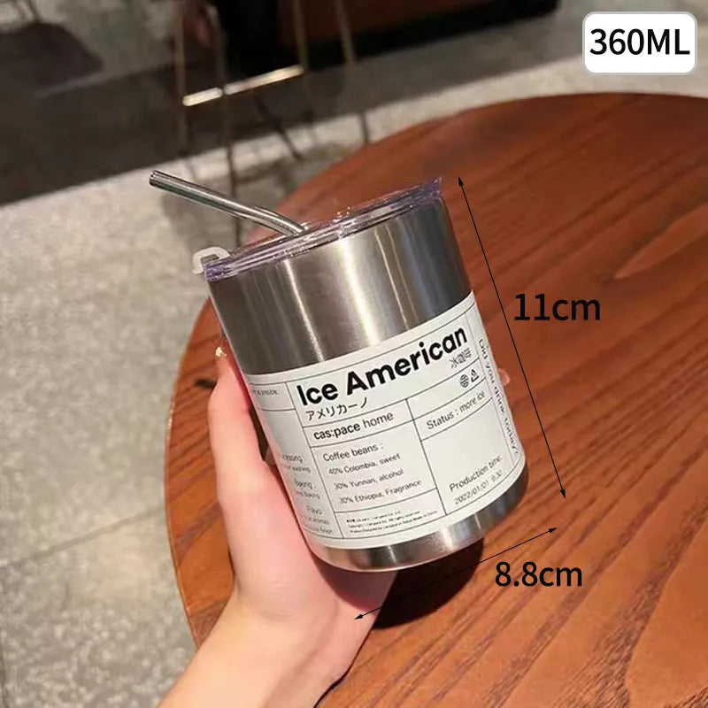 Ins Coffee Cup,Stainless Steel Water Bottle,Straw Cup,Ice American Coffee  Mug,Double-layer Vacuum Flask Couple Cup